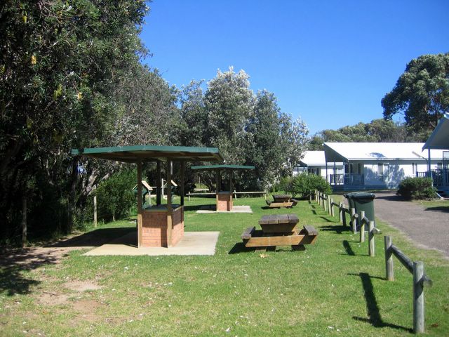 Racecourse Beach Tourist Park - Bawley Point: BBQ and picnic area in front of the cottages