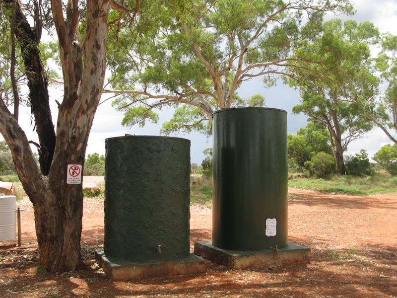 Barrier Highway Bulla Park Rest Area - Cobar: Water tanks.  Read signs about water usage and drinking.