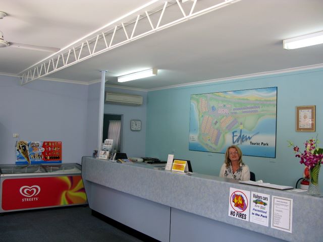 Eden Tourist Park - Eden: Reception and office with resident manager Judith Clifton.