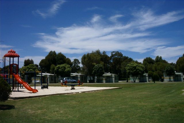 Albany Holiday Park - Albany: Open space in front of the cabins