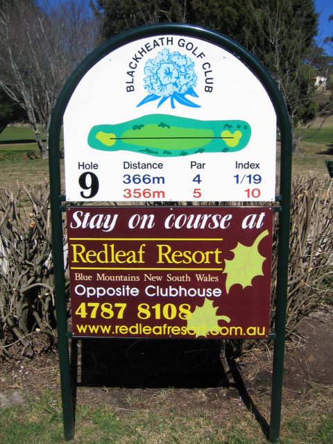 Blackheath Golf Course - Blackheath: Hole 9: Par 4, 366 metres.  Sponsored by Redleaf Resort which is opposite the clubhouse.