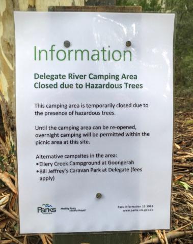 Delegate River Campground - Bendoc:  The campground was temporarily closed on the day that I visited and took these photos. The closure was due to hazardous trees. This is an area definitely to be avoided in high winds. 