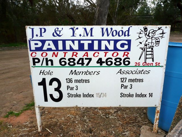 Warren Golf Course - Warren: Hole 13 Par 3, 136 metres.  Hole 13 is sponsored by J.P & Y.M Wood Painting Contractor.