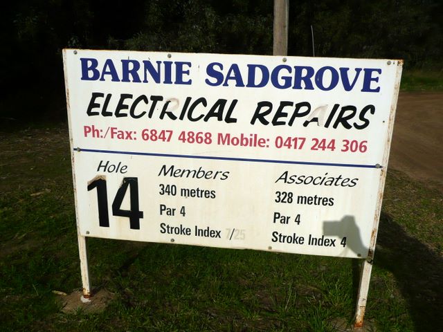 Warren Golf Course - Warren: Hole 14 Par 4, 340 metres.  Hole 14 is sponsored by Barnie Sadgrove Electrical Repairs.