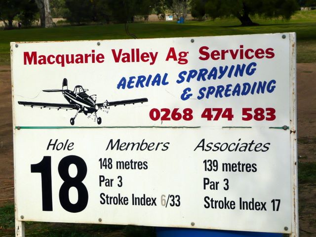 Warren Golf Course - Warren: Hole 18 Par 3, 148 metres.  Hole 18 is sponsored by Macquarie Valley Ag Services.