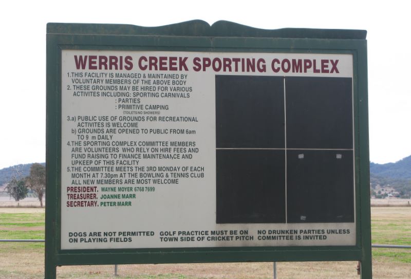 Werris Creek Sporting Complex - Werris Creek: Welcome sign.  Note reference to primitive camping.