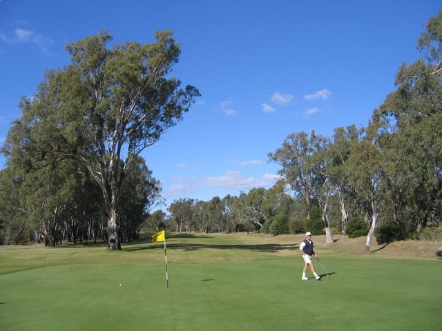 Yarrawonga & Border Golf Club - Mulwala: Green on Hole 5 looking back along the fairway