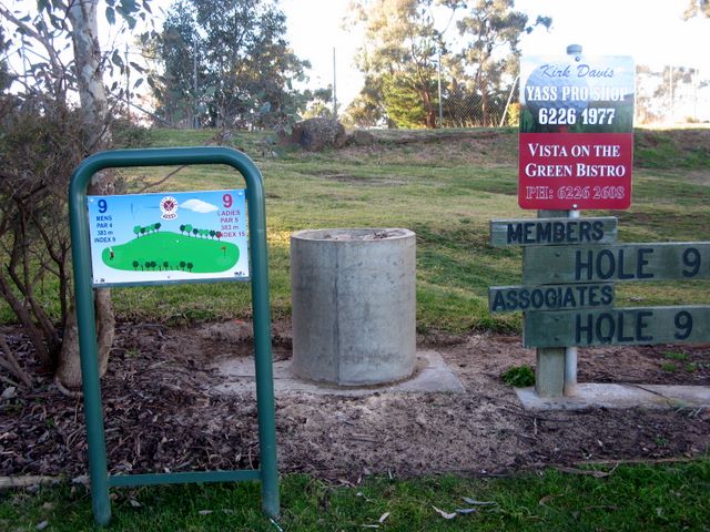 Yass Golf Course - Yass: Hole 9 Par 4, 383 meters.  Sponsored by Kirk Davis Yass Pro Shop and Vista on the Green Bistro.